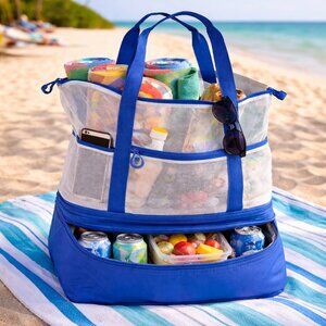 Blue Mesh Beach Tote Bag, Insulated Cooler Compartment, Large Capacity
